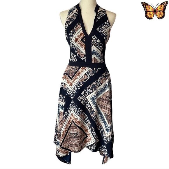 le Chateau Scarf Print Crêpe De Chine Asymmetrical Dress Size XXS - Picture 2 of 12